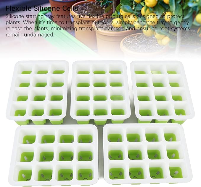 Yosoo Health Gear Plant Starting Tray 5 Packs Silicone Seed Starter Tray, Reusable Out Cells Indoor Plant Germination Tray for Vegetables Fruits Flowers, Flexible Plant Tray with Humidity Dome