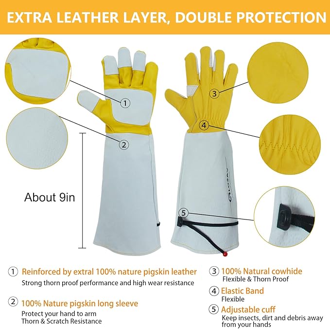 Cactus Gloves, Thorn Proof Gardening Gloves for Rose Pruning & Cacti Handling (Large (Pack of 1), Yellow-reinforce)