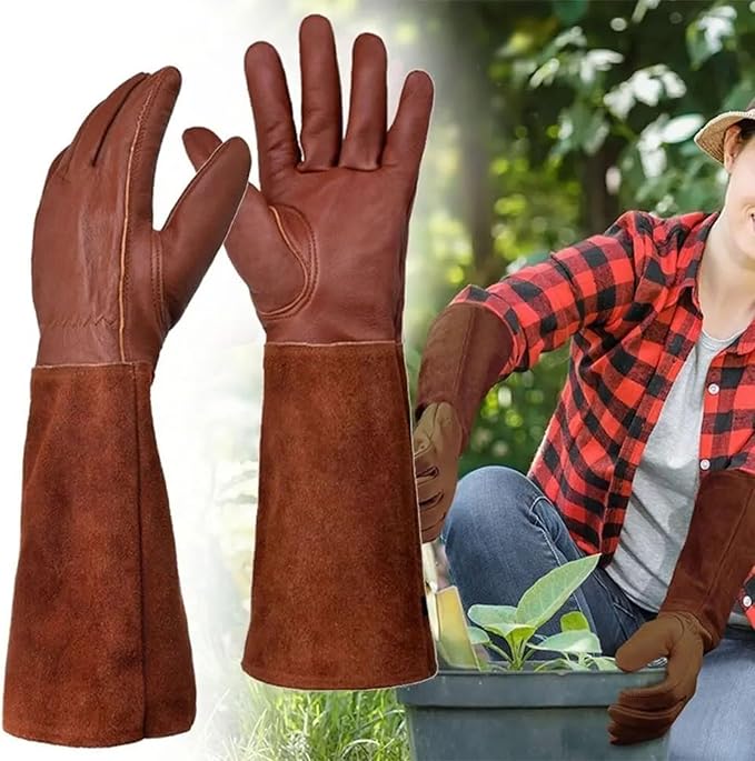 Thorn-Proof Leather Garden Gloves Long Forearm Split Cowhide Goatskin Padded Palm For Men And Women Pruning Roses Yard Work(M)