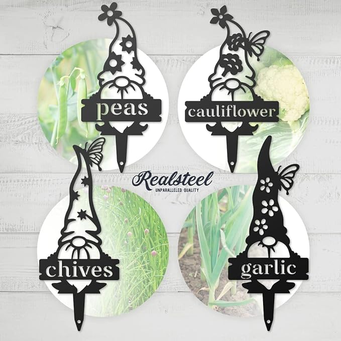 RealSteel Gnome Plant Markers Metal Garden Stakes | Outdoor Garden Labels & Plant Tags for Vegetables & Herbs | Decorative Yard & Raised Bed Garden Signs | Gardening Gift | Made in USA - (Garlic)
