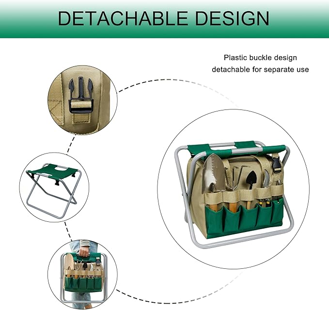 Folding Gardening Stool with Detachable Storage Tote Bag, Portable Garden Seat for Elderly Seniors, Heavy Duty Garden Chair for Gardening, Fishing, Camping, Outdoor & Indoor Use (Green+Khaki)