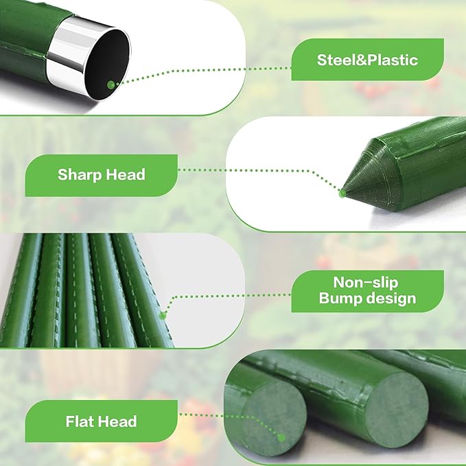 BOTINDO Garden Stakes 57 Inches Sturdy Green Plant Sticks 25 Pack, Metal Tomato Stakes Support, Yard Plant Support Cage for Potted Plants, Tomatoes, Trees, Cucumber, Fences, Beans (57 inch)