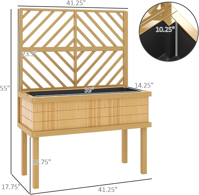 Outsunny Raised Garden Bed with Trellis for Climbing Plants, Vegetable, Grape Vines, Elevated Planter Box with Legs, Drainage Holes and Filter for Outdoor Garden, Patio, Natural Wood