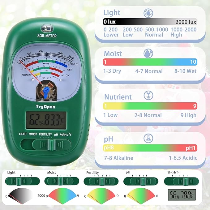 7-in-one Soil Test Kit, Soil Moisture Meter/PH Meter/Sunlight Intensity/Fertility Soil Tester, LCD Display Air & Soil Hygrometer Temperature for Garden, Farm, Lawn Care Moisture Meter for Hous Plants