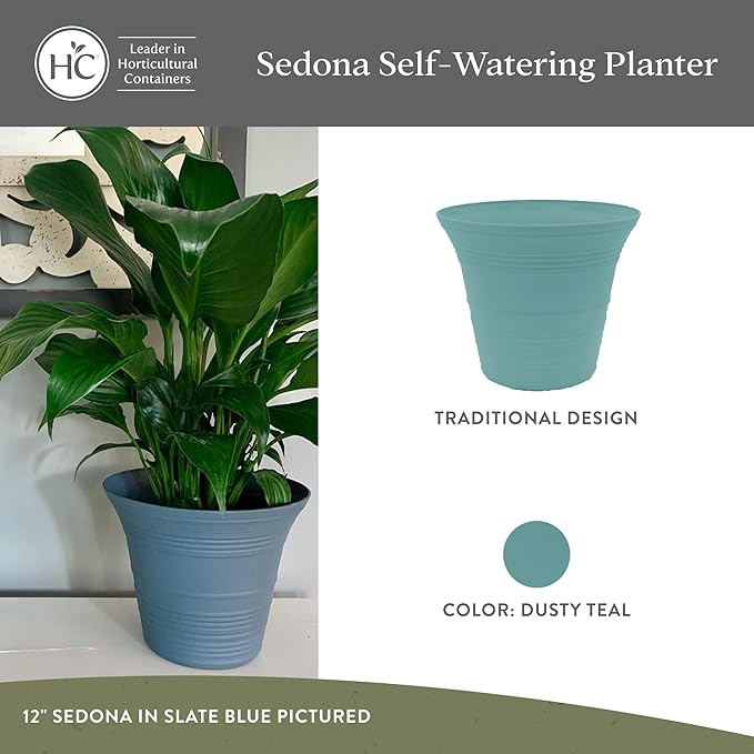 The HC Companies 14 Inch Sedona Round Self Watering Planter Pots, Lightweight UV-Resistant Plastic Indoor & Outdoor Planters, 2-Pack Flower Pots for Garden & Home Decor, Dusty Teal