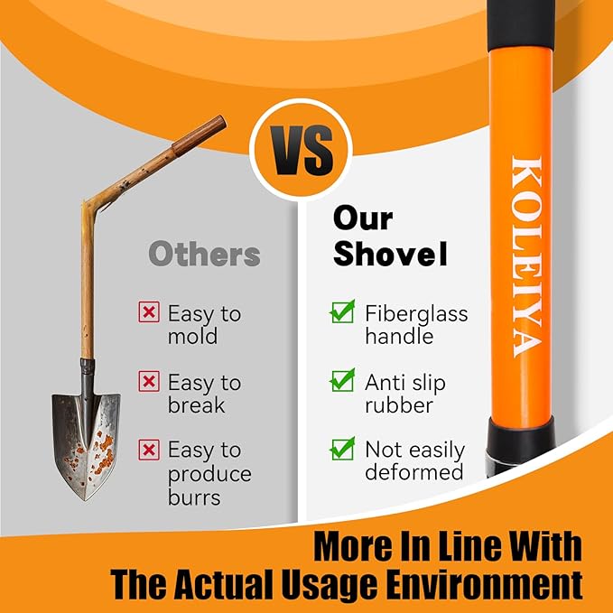Heavy Duty Digging Shovel 57 Inch Fiberglass Handle with Serrated Steel Blade Ergonomic Grip for Gardening Landscaping Construction