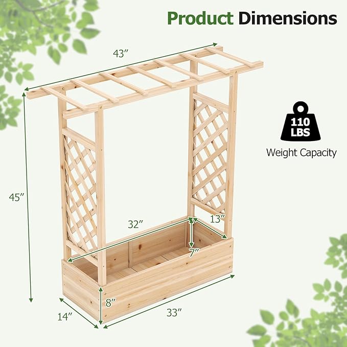 HAPPYGRILL Raised Garden Bed with Trellis & Hanging Roof, 45" Tall Wooden Planter Box with Drainage Holes, Outdoor Wood Elevated Garden Bed for Climbing Plants Vines Vegetables Flowers (Natural,1)