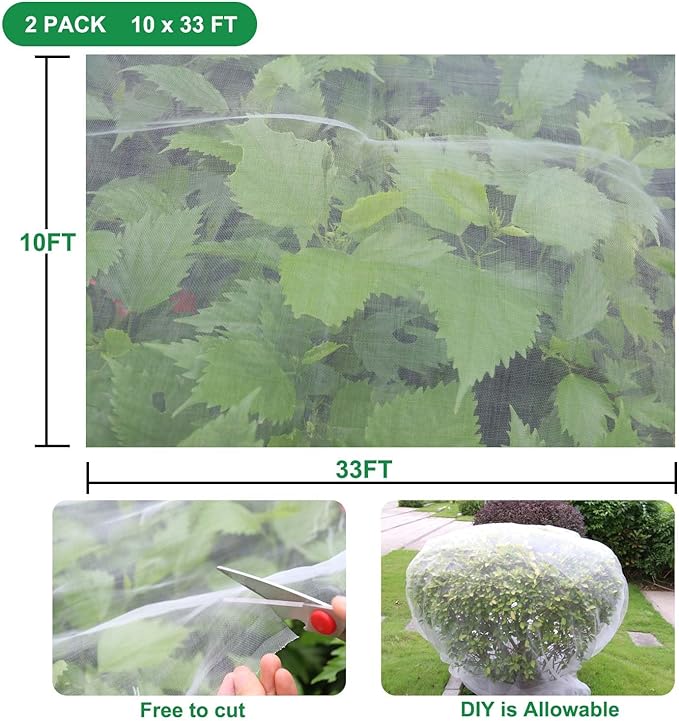 Thicker Garden Mesh Netting, 2 Pack 10x33Ft Ultra Fine Garden Netting Mesh Barrier Protection Netting for Vegetable Plants Fruits Flowers Crops Row Cover Raised Bed Fabric Screen Protection Net Cover