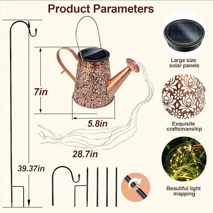 Solar Watering Can Light - Metal Openwork Lotus Flower with Hook - Waterproof Hanging Lantern Outdoor Garden Yard Decorations - Birthday Gardening Gifts for Mom Grandma