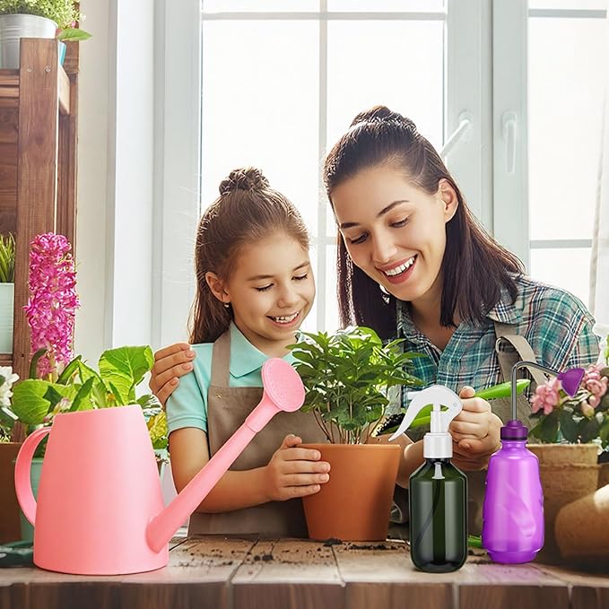 Reallnaive 6 Pcs Indoor Watering Can Set 1/2 Gallon Can 6.8 oz Spray Bottle 17 oz Squeeze Bottle Plant Watering Globes Soil Moisture Meter Small Spraying Sets for Indoor Outdoor (Pink)