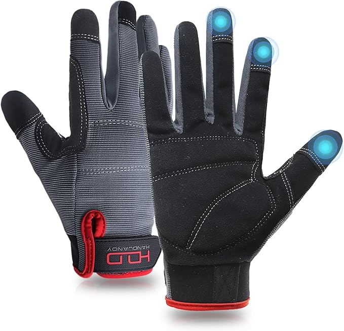 Mens Work Gloves Womens Utility Work Gloves Mechanic Gloves Touch Screen,Durable,Padded Knuckles & Palm Grey L