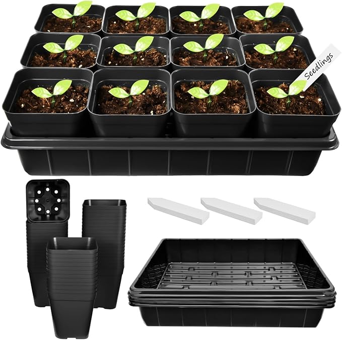 June Fox 4 Inch Nursery Pots for Plants, 5 Pcs Seed Starter Tray Kit, 60 Pcs Plastic Seedling Pots with Drain Holes, 60 Plant Labels (Black)