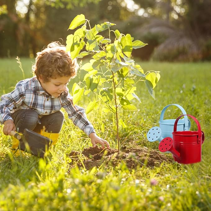 SEWACC 2pcs Kids Metal Watering Can for Indoor Plants, Durable Iron Sprinkling Kettle, Portable Small Water Can for Garden Home Plants, Red and Light Blue, 6.69 x 2.75 x 2.75 Inch