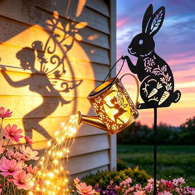 Solar Watering Can Light with Bunny Silhouette Stake & Fairy Design - Cascading LED String Light for Garden Yard Patio Decor, IP65 Waterproof Outdoor Gift for Mom, Women, Birthday, Housewarming