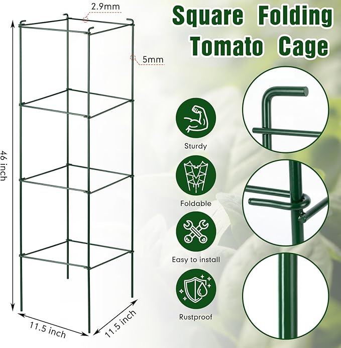 Hicarer 16 Pack Square Tomato Cage Heavy Duty Tomato Cages for Garden Vegetable Plant Trellis Stakes Plant Support Stake Tower for Climbing Vegetables Plants Flowers Fruit (11.5 x 46 Inches,Green)