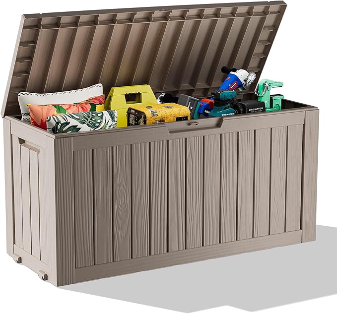 ROJIK 90 Gallon Waterproof Outdoor Deck Storage Box, Lockable Resin Patio Storage Bin with Lid for Garden Tools, Patio Cushions & Outdoor Accessories(Grey)