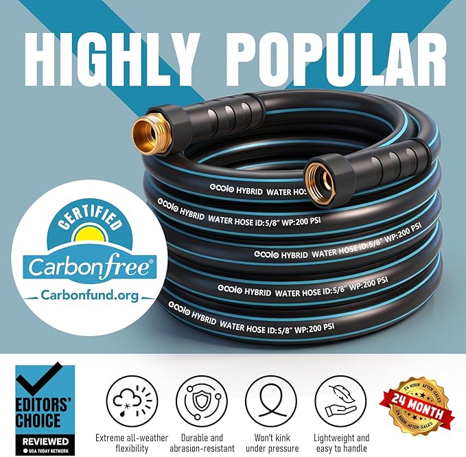 Heavy Duty Garden Hose 100 ft, NON-EXPANDABLE Water Hose with 10 Function Spray Nozzle, Lightweight Kink-less Hybrid Hose with Swivel Handle, Male to Female Fittings