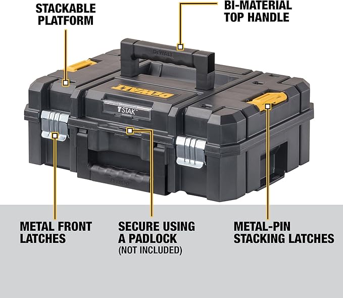 DEWALT TSTAK II Tool Box, Flat Top Tool Storage Case, Organizer Box Holds Up To 66 lbs, Flexible Platforms for Stacking, 13 Inch (DWST17807)