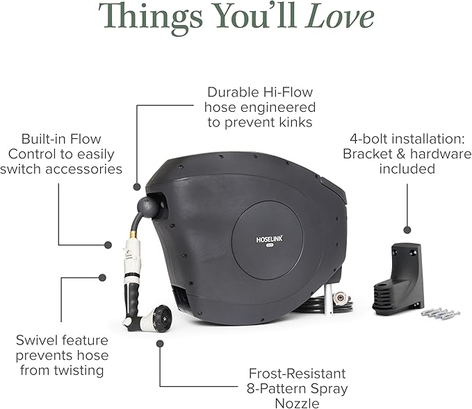 HOSELINK Classic Charcoal 50ft Hi-Flow Automatic Retractable Hi-Flow Garden Hose Reel, 9/16”, UV-Stabilized Kink-Free Hose, Wall Mounted Complete Watering Solution for Backyard, Garden & Outdoor