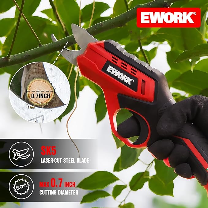 EWORK Cordless Electric Pruning Shears 4.2V Rechargeable 4000mAh Battery, 0.7 Inch Cutting Diameter, 2 SK5 Blades Tool Replacement, Handheld Pruner for Garden Tree Branch Trimming