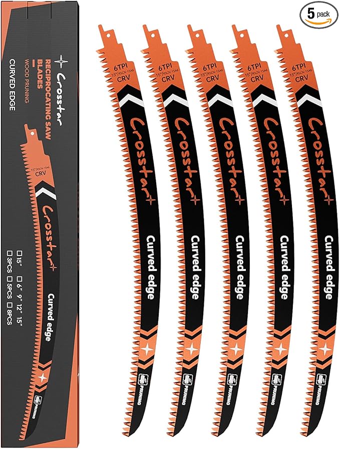 Crosstar 15 Inch Japanese Teeth Arc Edge Reciprocating Saw Blades - 6TPI Wood Pruning Blades for Tree Trimming, Branch Cutting, 5-Pack