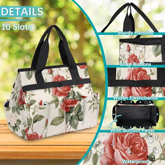 Garden Tool Bag Organizer Garden Tote Bag with Pockets Rose Pattern Tool Storage Organizer Gardening Tool Kit Holder 13" x 6.8" x 2.8"