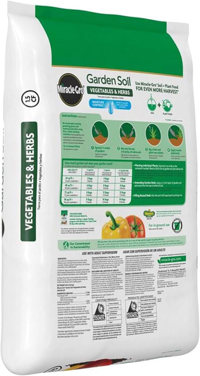 Miracle-Gro 2 Pack Garden Soil with Moisture Control to Prevent Over Watering, In-Ground Vegetable and Herb Gardening, Feeds up to 3 Months, 1.5 Cu Ft