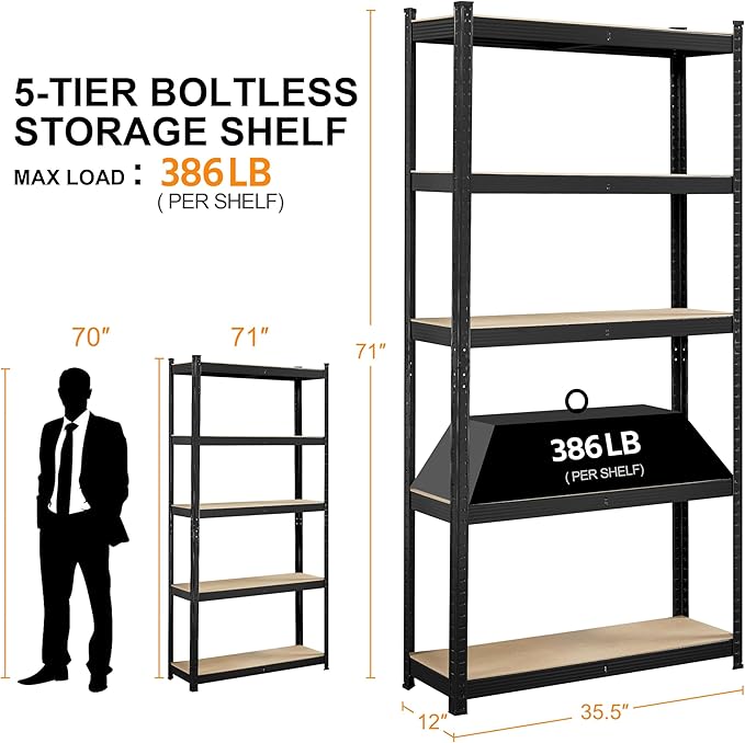 Yaheetech Storage Shelves, 5 Tier Heavy Duty Adjustable Metal Shelving Unit, Industrial Utility Rack for Garage Warehouse Pantry Closet (35.5 W× 12 D × 71 H Inches, Black)