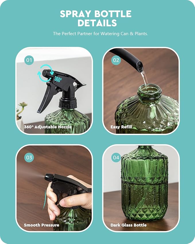 Baffect Indoor House Plants Watering Can Set, Include 41oz Metal Long Spout Watering Can & 13.5oz Dark Glass Misting Spray Bottle, Water Spray Bottle with Adjustable Nozzle Ideal for Bonsai, Orchid