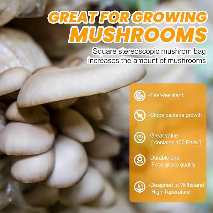 100PCS Mushroom Planting Kit - 8"5"20" Thickened Growing Bags, 6 Mil Thick Durable, Tear Resistant, 0.2 Micron Porosity Resistant High Pressure Spawning Bags