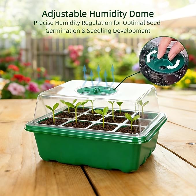 10 Pack Seed Starter Kit, 120 Cells Thickened Seed Trays with Humidity Dome, Base & Gardening Tools, Mini Greenhouse Germination Kit for Indoor Outdoor Vegetable Flower Growing
