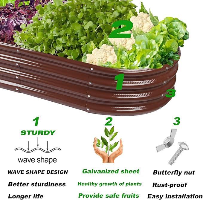 Raised Garden Bed GRS Certified Galvanized Planter Box Outdoor, 6.5ft Oval Rot-Resistant Metal Garden Bed Planter, Recycled Eco-Friendly Material Planter for Vegetables Flowers Herbs (Brown)