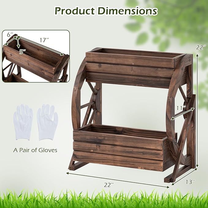 HAPPYGRILL 2-Tier Raised Garden Bed, Rustic Wood Wagon Planter Box with Drainage Holes & Semi-Wheels for Vegetables Herbs, Indoor Outdoor Decorative Flower Cart Pot Stand for Patio Yard Balcony (2)
