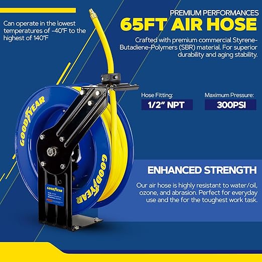 Goodyear Air Hose Reel Retractable 1/2" Inch x 65' Foot SBR Rubber Hose Max 300PSI Heavy Duty Industrial Steel Single Arm Construction