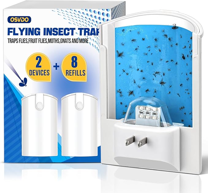 2 Pack Flying Insect Traps for Indoor, Plug-in Bug Catcher for Flies, Fruit Flies, Gnats, Moths, Noiseless for Home, 30-Day Glue Card Replaced (2 Devices & 8 Refills)