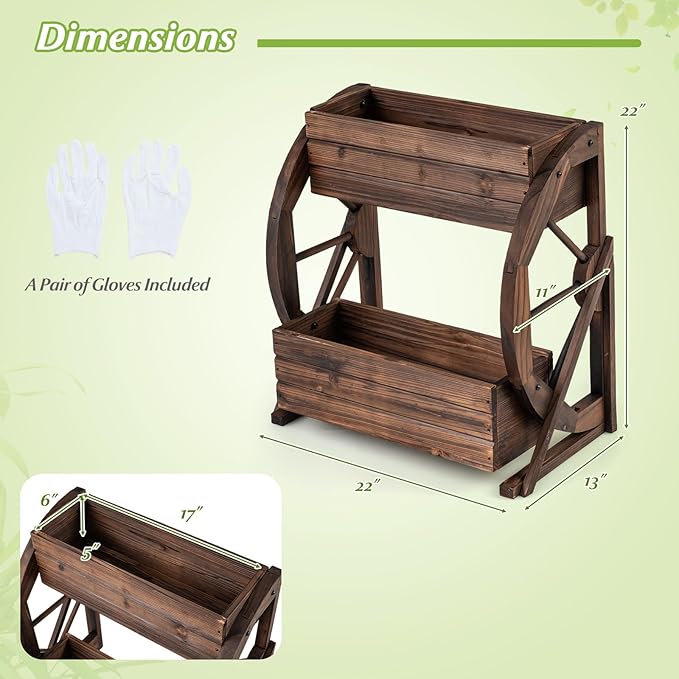 Giantex Wooden Wagon Planter Box, 2 Tier Raised Garden Bed with Drainage Holes, Rustic Wood Planter for Flowers Herbs Vegetables, Indoor Outdoor Patio Garden Balcony