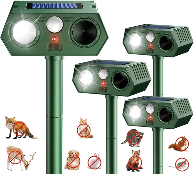 2026 Upgraded Solar Ultrasonic Animal Repellent Outdoor Deer Cat Repellent with Motion Sensor Flash Light, IP65 Waterproof Repeller Keep Rodent Squirrel Raccoon Opossum Skunk Out of Yard Farm - 4Pack