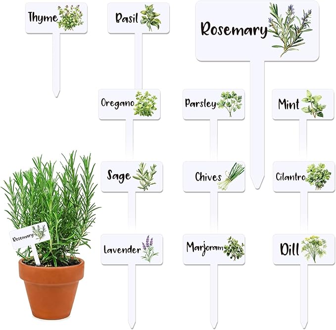 JarThenaAMCS 24Pcs Acrylic Plant Label Signs 12 Styles T-Type Herb Garden Markers Waterproof Reusable Plant Stake Tags with Names for Spring Summer Nursery Indoor Outdoor Garden Decoration