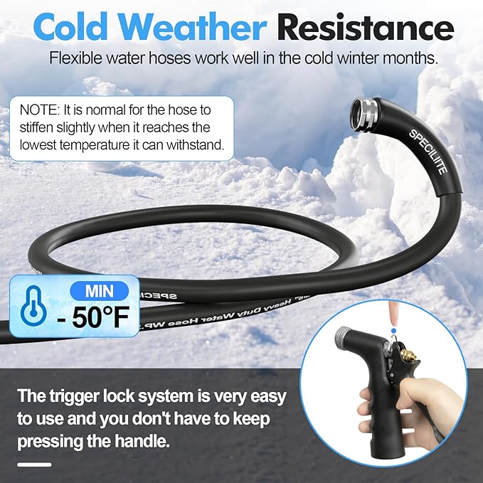 SPECILITE 5/8" Hot/Cold Garden Hose 50 ft with Industrial High Pressure Nozzle, Flexible & Lightweight, 600psi Burst Rubber Water hose -50℉-158℉ With 3/4"Stainless Steel Fittings for Yard, Black