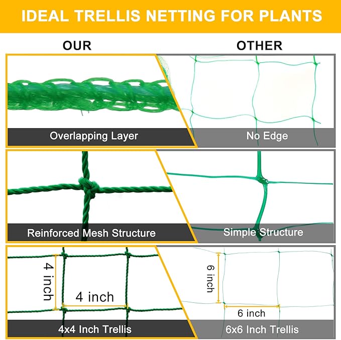 Garden Trellis Netting for Climbing Plants Outdoor, Plant Netting for Cucumber, Tomato, 6.6x32.8 FT Trellis Net with 4x4 Inch Mesh as Vegetable Netting for Grape, Bean,Growing Pea,w/Plant Clips