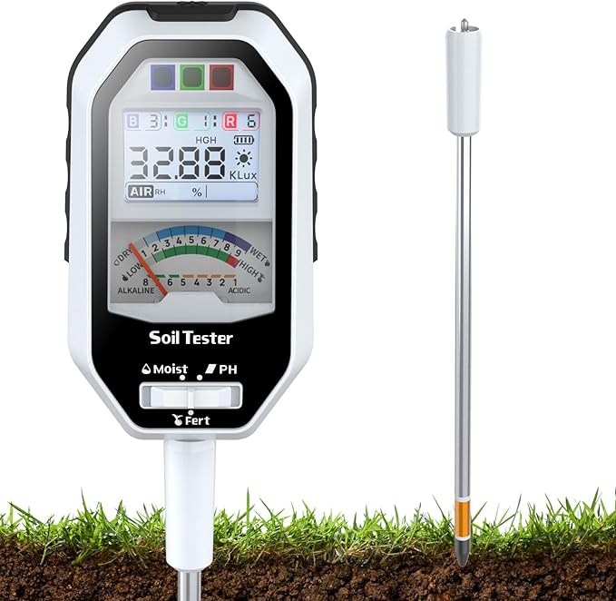 Long Probe Soil Moisture Meter, 7-in-1 Soil PH Tester/Soil Moisture/Fertility with 2 Types Probes, LCD Display Air Temp/Air Humidity/Sunlight Intensity/BGR Spectral for Plants Garden, Lawn,Indoor Outd