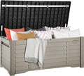 DWVO 150 Gallon Outdoor Storage Box, Large Resin Deck Box with Louver Design, Lockable Patio Storage Bin for Indoor and Outdoor Use, Pillows, Tools, and Pool Supplies -Black & Brown