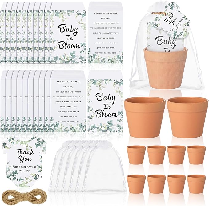 Ctosree 50 Sets Eucalyptus Leaf Baby in Bloom Baby Shower Seed Packets Favors for Guests Include Self Adhesive Seed Packets (No Seeds) Clay Plastic Flowerpot Thank You Tags Hemp Rope Organza Gift Bags