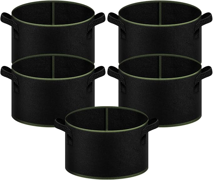 iPower 5-Gallon 5-Pack Grow Bag Thickened Nonwoven Fabric Pots Heavy Duty Aeration Container with Strap Handles for Garden and Planting Vegetable Flowers, Black with Green Stitch Sewing