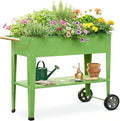 Raised Garden Bed Outdoor with Wheels, Leg and Wooden Handle, 36.2x13.4x32.3in, 400lb Cap, Metal Elevated Raised Planter Box for Herb, Vegetable, Perfect for Backyard, Balcony, Grass Green