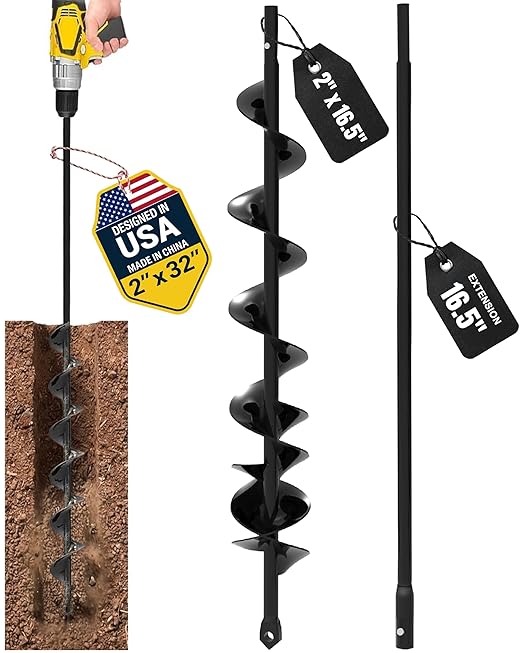Auger Drill Bit for Planting 2x32'' - with Extension - Spiral Hole Planter for Bulbs, Fence Posts, and Umbrella Holes - 3/8'' Hex Drive Drill- Gardening Hole Digger Yard Tools