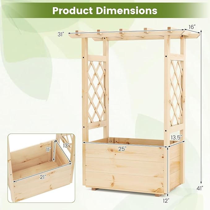 Giantex Raised Garden Bed with Sided Trellis & Hanging Roof, Wood Planter Box, Freestanding Garden Planter Raised Bed for Flowers Herbs Climbing Vines 31”x16”x41” (L x W x H)