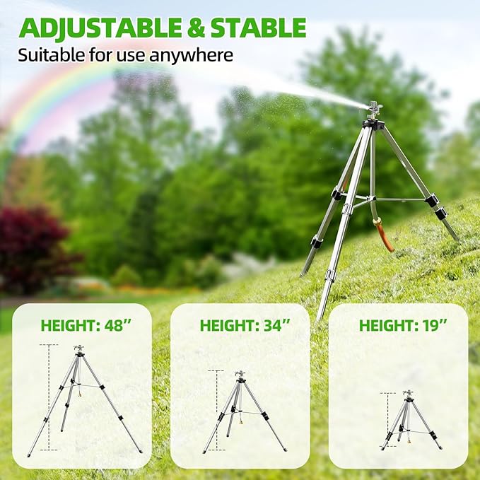 SPECILITE Brass Impact Sprinkler on Tripod Base, 48” Heavy Duty Metal Pulsating Telescoping, 360 Degree Irrigation for Large Area, Yard, Lawn, Waters up to 85ft, Covering up to 6200sqft