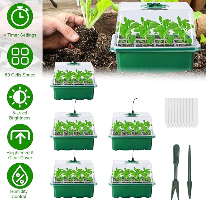 5 Packs Seed Starter Tray with Grow Light,Plant Starter Tray Seedling Starter Kit with Humidity Domes 5-Level Brightness 4 Timers for Indoor Greenhouse
