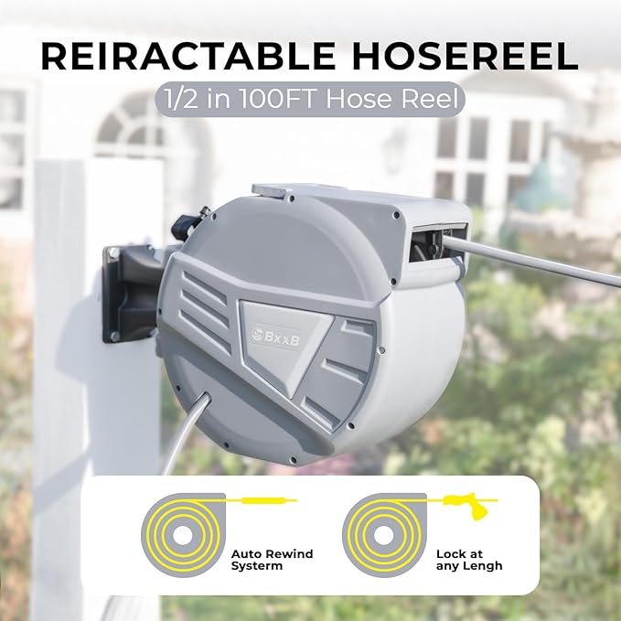 Retractable Garden Hose Reel,1/2 in x 100ft Wall Mounted Hose Reel, Optional Position Lock，Slow-Retract System，Wall Mounted，180°Swivel Bracket，Light Grey